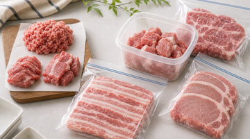 保存袋と保存容器に小分けした豚バラ、豚ロース、豚こま切れ、豚ひき肉