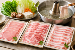 3種類の豚肉のしゃぶしゃぶ用スライスと、しゃぶしゃぶ鍋、野菜ときのこの盛り合わせ/blogs/column/butashabu-bui