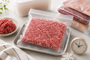 保存袋に平らに入れて冷凍したひき肉と、金属トレー、重ねて凍らせた袋、置き時計/blogs/column/hikiniku-reito