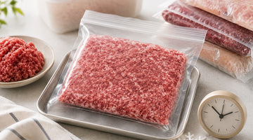 保存袋に平らに入れて冷凍したひき肉と、金属トレー、重ねて凍らせた袋、置き時計