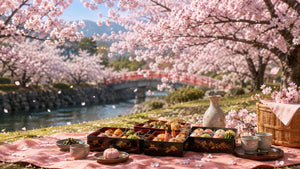 満開の桜の下に広げた花見の重箱とお酒、奥に赤い橋と川/blogs/column/hanami-tabemono