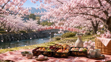 満開の桜の下に広げた花見の重箱とお酒、奥に赤い橋と川