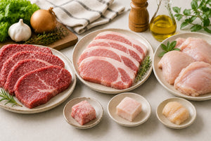 牛肉・豚肉・鶏肉のスライスを並べた皿と、それぞれの角切り/blogs/column/niku-eiyou