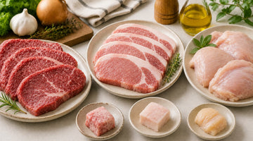 牛肉・豚肉・鶏肉のスライスを並べた皿と、それぞれの角切り