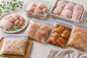 保存袋に下味をつけて冷凍した鶏もも肉4種と、皮つきの生の鶏もも肉/blogs/column/toriniku-reito