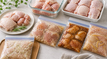 保存袋に下味をつけて冷凍した鶏もも肉4種と、皮つきの生の鶏もも肉