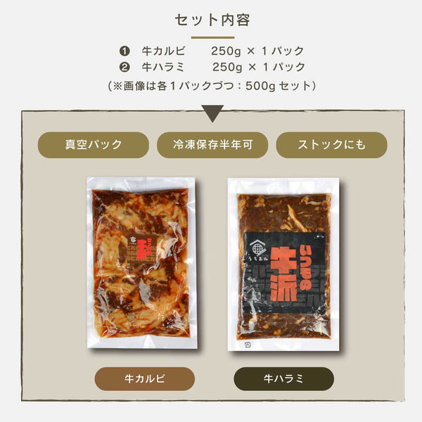 味付き焼肉の牛ハラミと牛カルビセット、各250gの真空パック、冷凍保存可能、ストックにも最適な商品