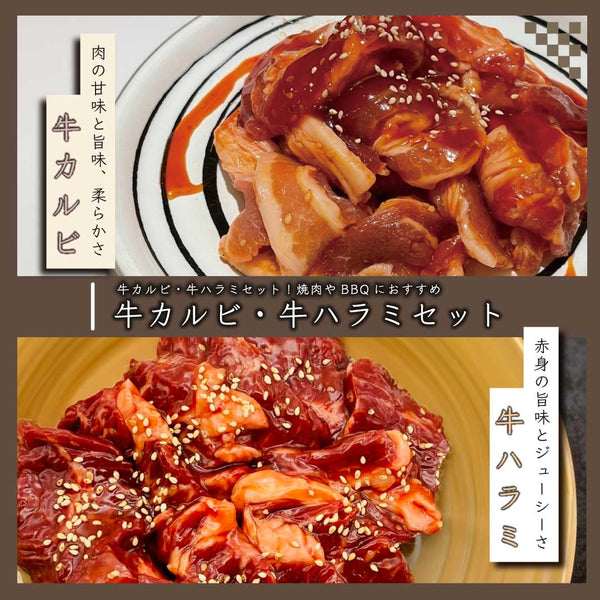 味付き焼肉の牛ハラミと牛カルビセットの盛り付け写真。柔らかい肉質で、甘味と旨味が感じられる赤身肉が特徴。BBQに最適な商品。