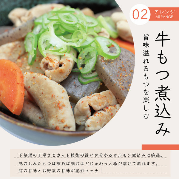 国産牛ホルモン小腸300gの煮込み料理、具材には人参やこんにゃくが使われ、青ねぎがトッピングされた美味しそうな一皿。