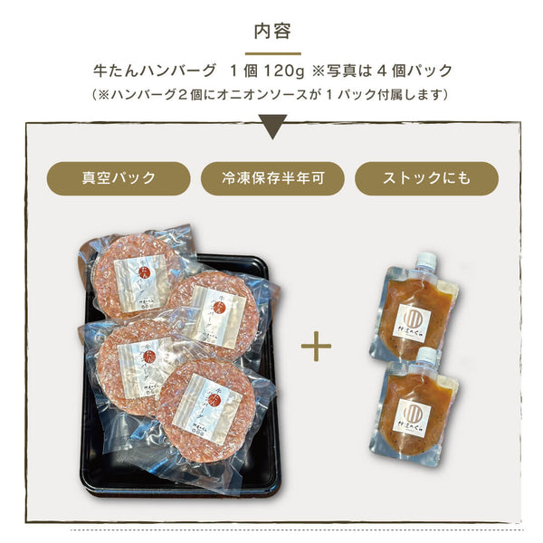 牛たんハンバーグセットの内容、真空パックに入った120gの牛たんハンバーグが4個、冷凍保存可能なオニオンソース付きのギフトセット