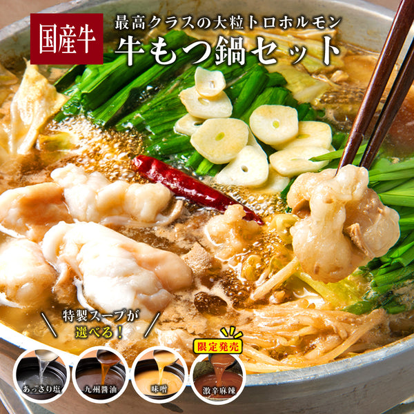 国産牛もつ鍋セットの画像。新鮮な国産牛もつ、青ネギ、特製スープが入った鍋料理で、2～3人前のボリューム。具材が美しく盛り付けられたアングルから撮影。