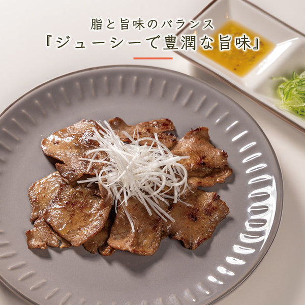 たん食べ比べセットの盛り付け画像。ジューシーな牛タンが薄切りで、白ネギがトッピングされており、横には特製のタレと薬味が添えられたプレート。