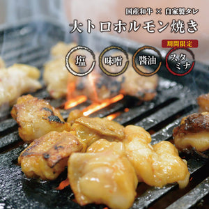 国産和牛の大トロホルモン焼きの焼き上がり画像。塩味、みそ味、醤油味、スタミナ味の4種類がグリルで焼かれており、ジューシーな食感が感じられる。