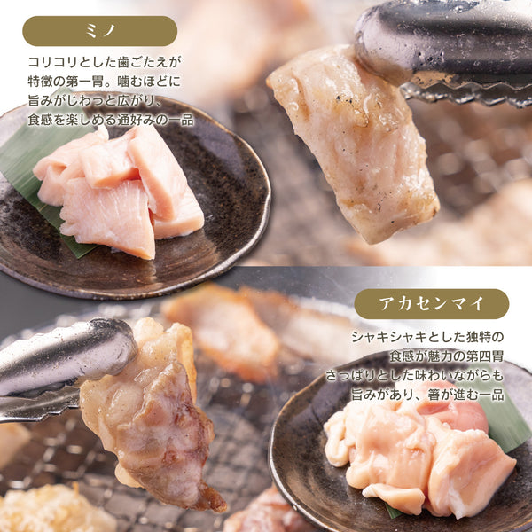 ホルモン5種食べ比べセットの画像。ミノとアカセンマイが美しく盛り付けられ、焼き加減が絶妙な状態で提供されている様子を捉えた写真。