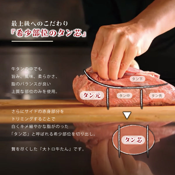 大トロ牛たんのカット部分を強調した画像。肉の鮮やかな赤色と脂身のバランスが特徴で、調理前の状態を示す。高級感が漂う美しいプレゼンテーション。