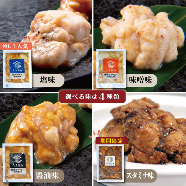 大トロホルモン焼きの塩味、みそ味、醤油味、スタミナ味の4種類が盛り付けられた画像。色とりどりの味付けが特徴。