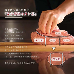 厚切り大トロ牛たんの部位を示した画像で、タン元とタン芯の位置関係がわかる。赤身と脂身のバランスが良く、焼肉や贈り物に最適なギフトセット。