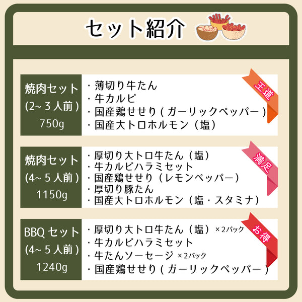 焼肉セットとBBQセットの紹介画像。薄切り牛たん、牛カルビ、厚切り牛トロ、鶏肉、塩、レモン付き。サイズや内容が異なる3種類のセットが表示されています。