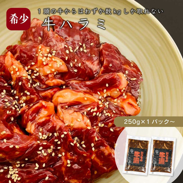 味付き焼肉用の牛ハラミ、250g入りのパック、赤褐色の肉に白いごまが振りかけられた新鮮な食材の画像。